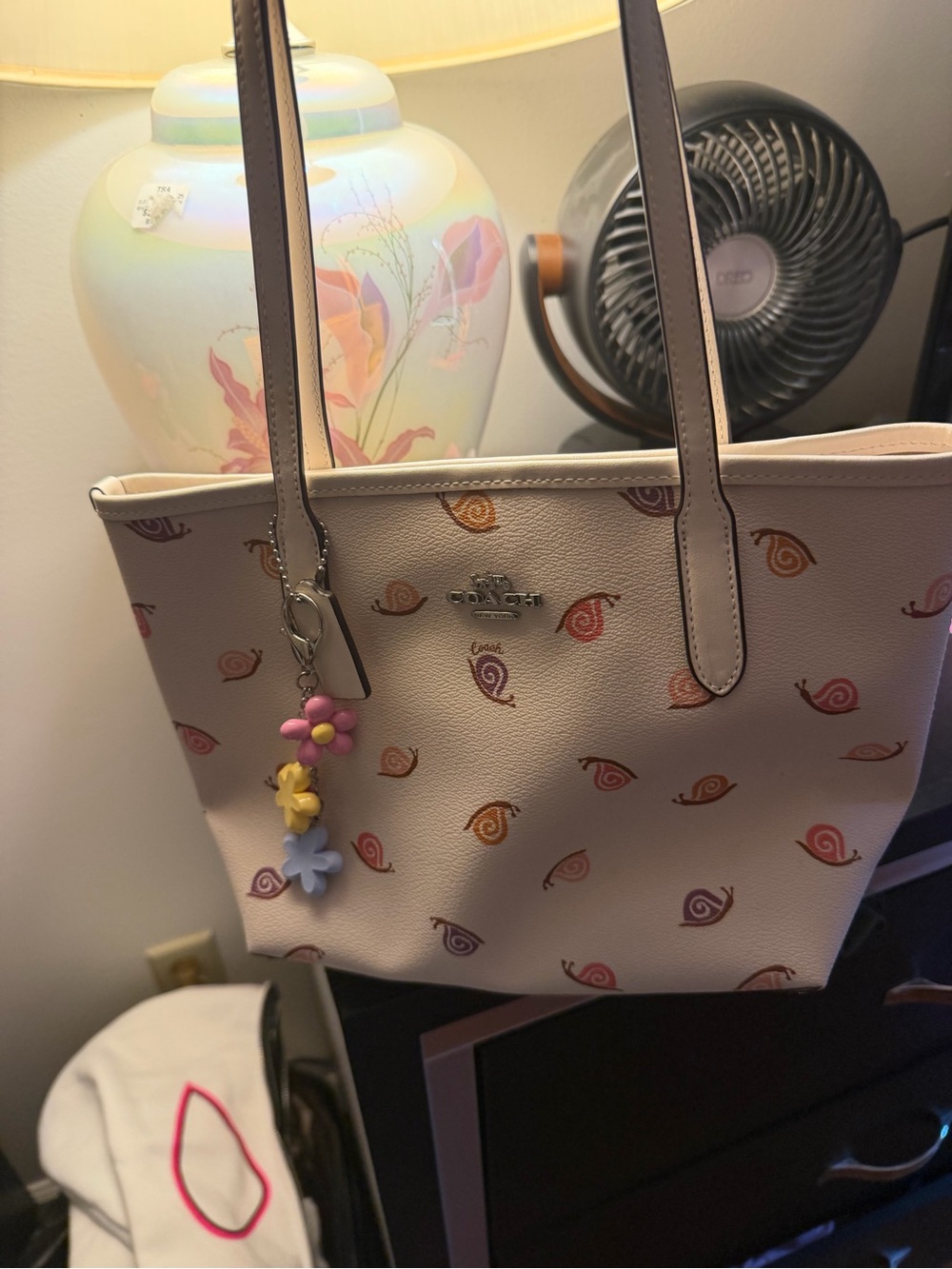 Coach Cream Tote with Pink and Multicolor Snail Charm